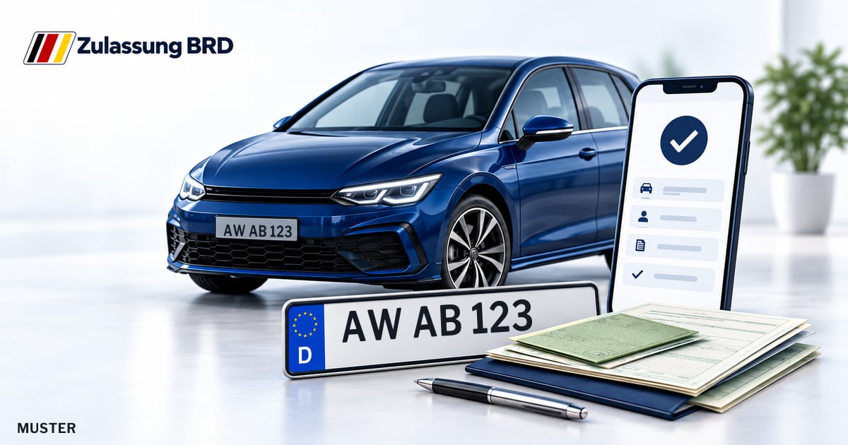 Online Fahrzeugzulassung in Remagen: Musterkennzeichen AW AB 123, Auto und Fahrzeugpapiere und Smartphone. Illustration mit Logo von Zulassung BRD.